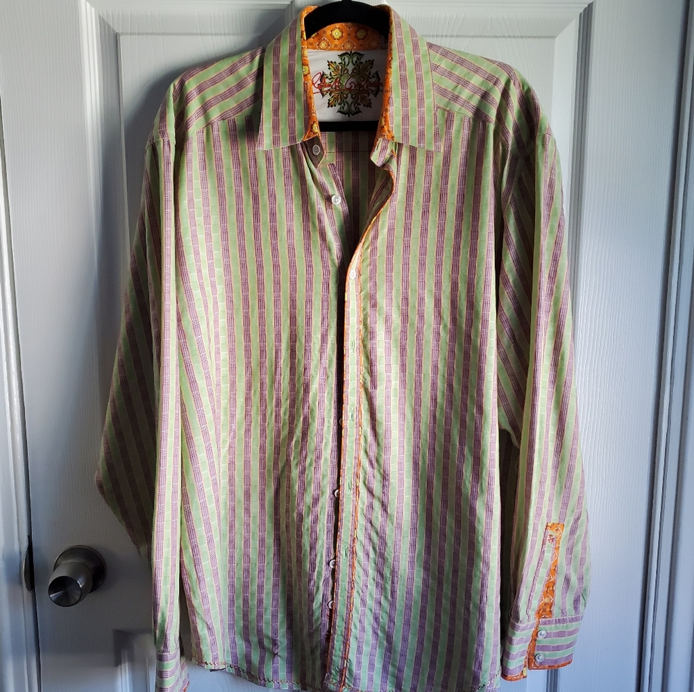 Robert Graham Orange Green Striped Flip Cuff XL